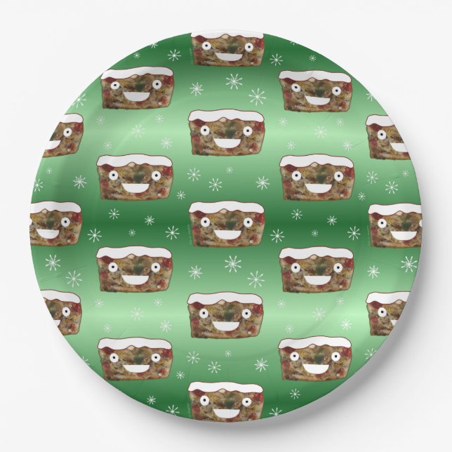 Funny Christmas Fruitcake Pattern Green Paper Plates (Front)