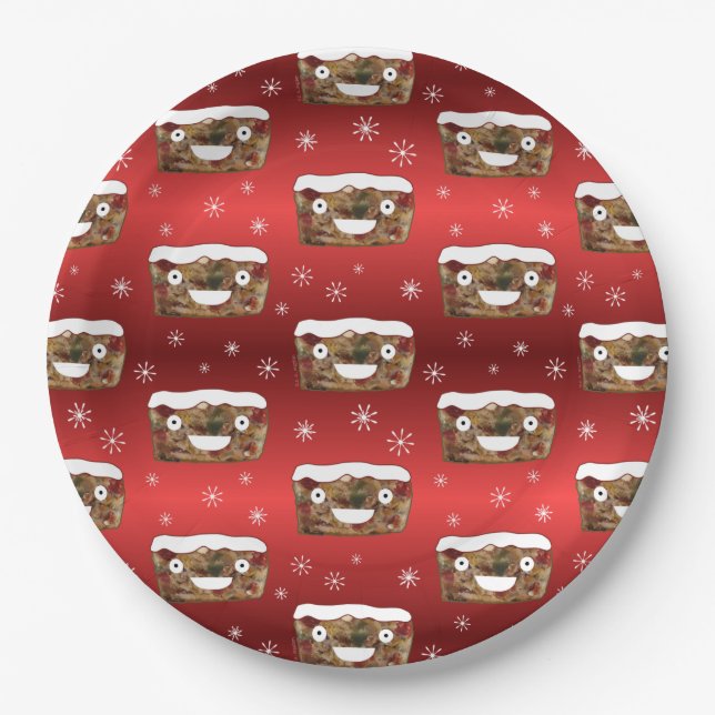 Funny Christmas Fruitcake Pattern Red Paper Plates (Front)