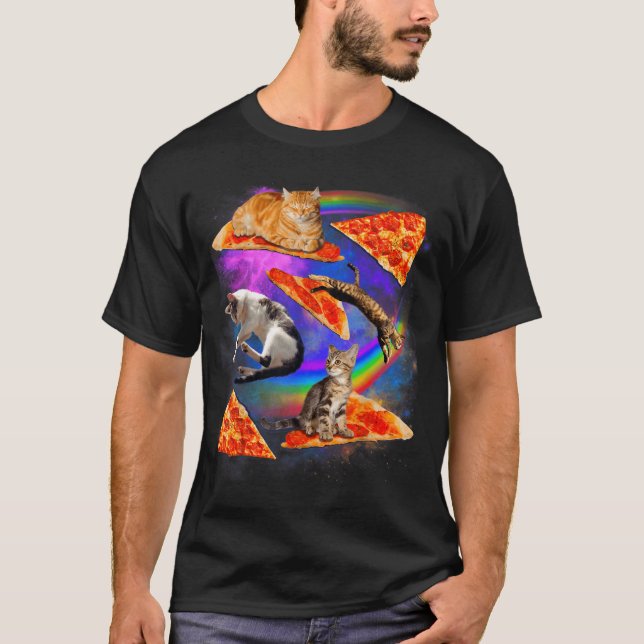 Funny Christmas Galaxy Cat In Space Cat Riding Zza T-Shirt (Front)