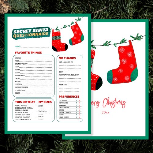 Funny Christmas Game Secret Santa Questionnaire Holiday Card
