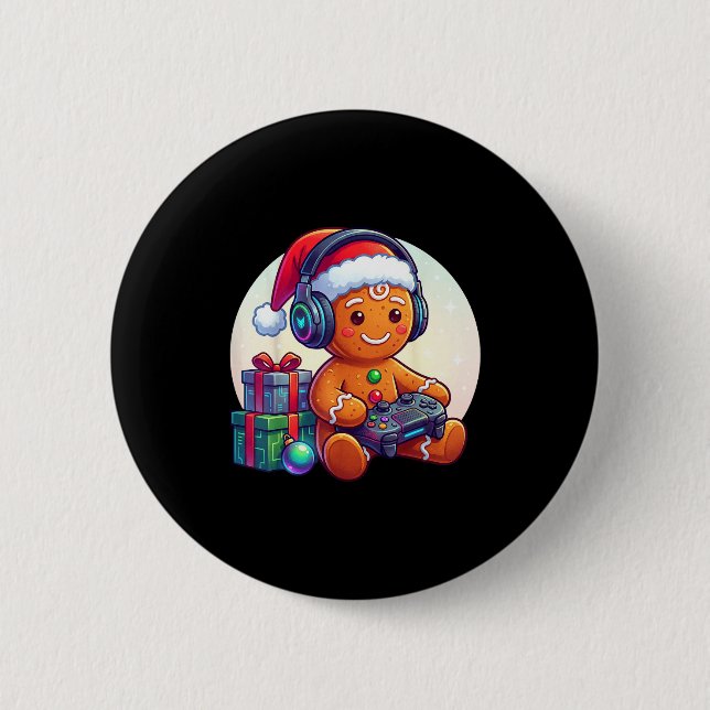 Funny Christmas Gamer Gingerbread Xmas Gaming Men  Button (Front)