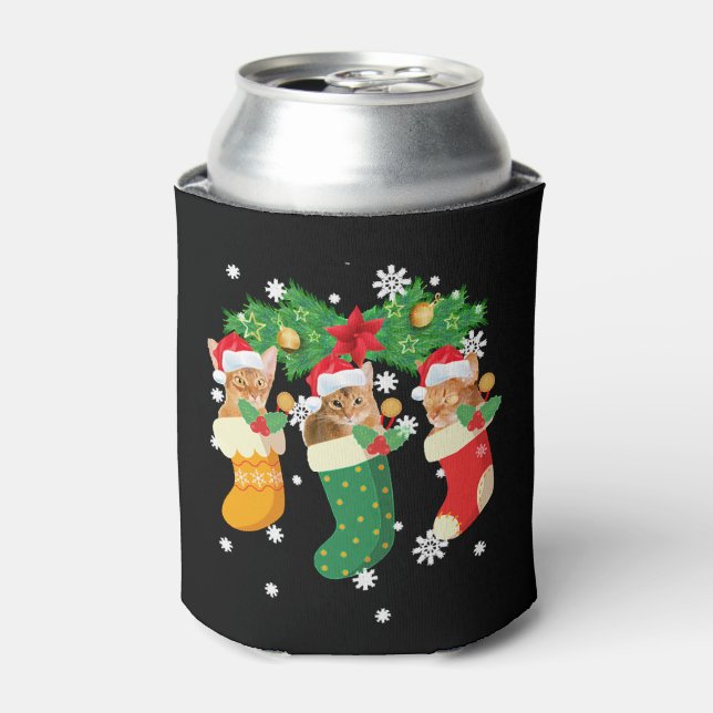 Funny Christmas Gift T Shirt Three Abyssinian Cat Can Cooler (Can Front)