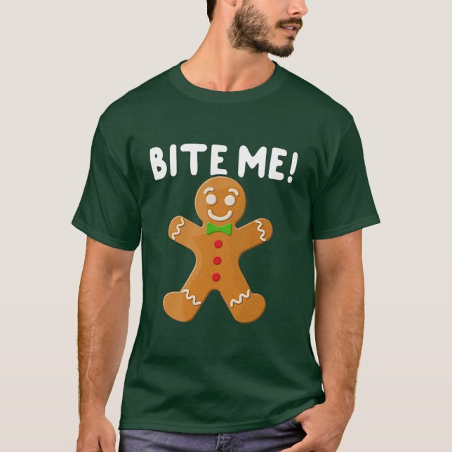 Funny Christmas Gingerbread Cookie Bite Me Humor T-Shirt (Front)