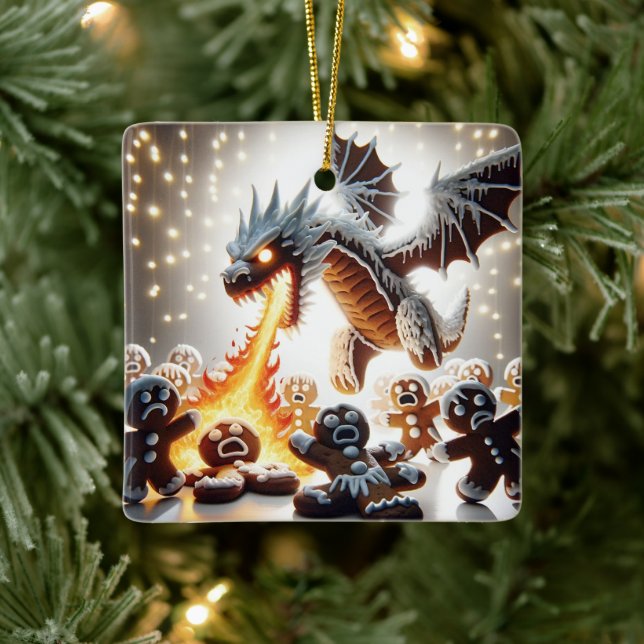 Funny Christmas: Gingerbread Dragon On the Loose Ceramic Ornament (Tree)