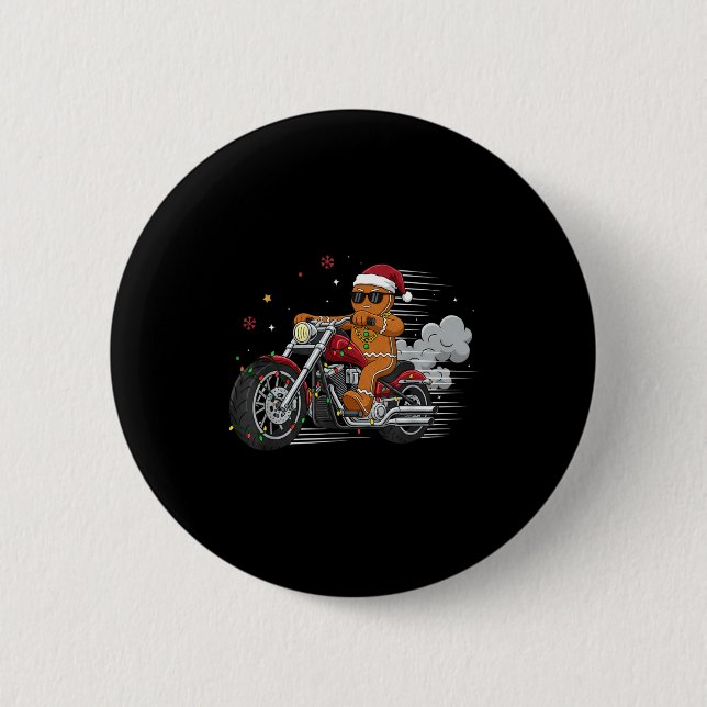 Funny Christmas Gingerbread Man Biker Riding A Mot Button (Front)