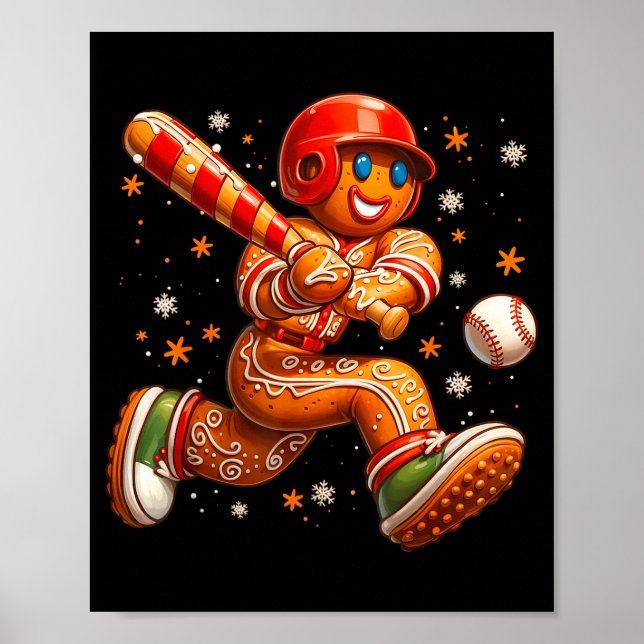 Funny Christmas Gingerbread Man Playing Baseball C Poster (Front)