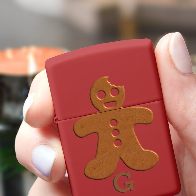 Funny Christmas Gingerbread Man Red Zippo Lighter (A festive red zippo lighter with a gingerbread man and space for your initial. Happy Holidays!)