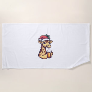 Funny Christmas Giraffe With Beer Comic Beach Towel