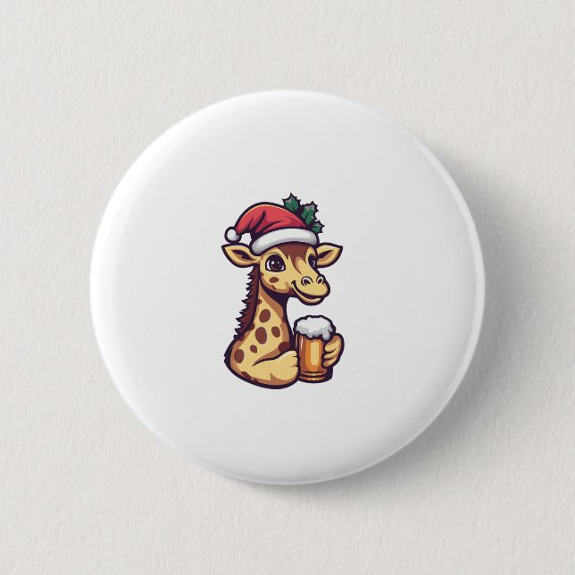 Funny Christmas Giraffe With Beer Comic   Button (Front)