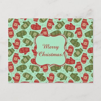 Funny Christmas Gloves And Snowflakes Green Bg Holiday Postcard by storechichi at Zazzle