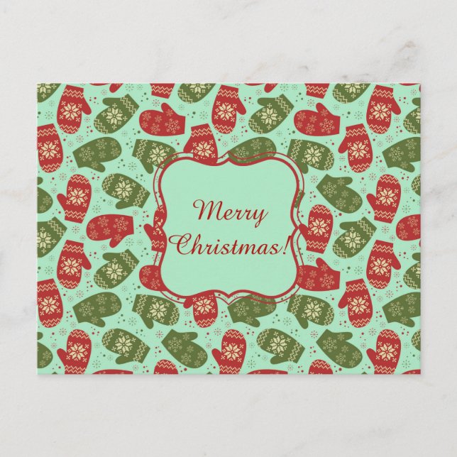 Funny Christmas Gloves and snowflakes green bg Holiday Postcard (Front)