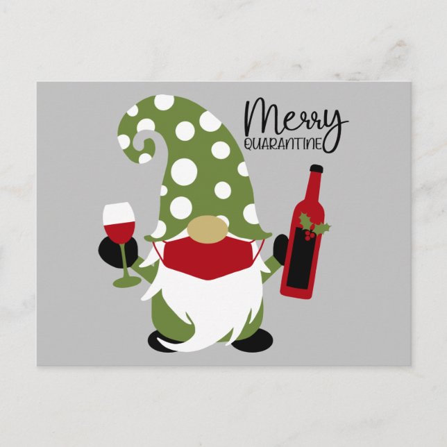 Funny Christmas Gnome Drinking Wine Holiday Postcard (Front)
