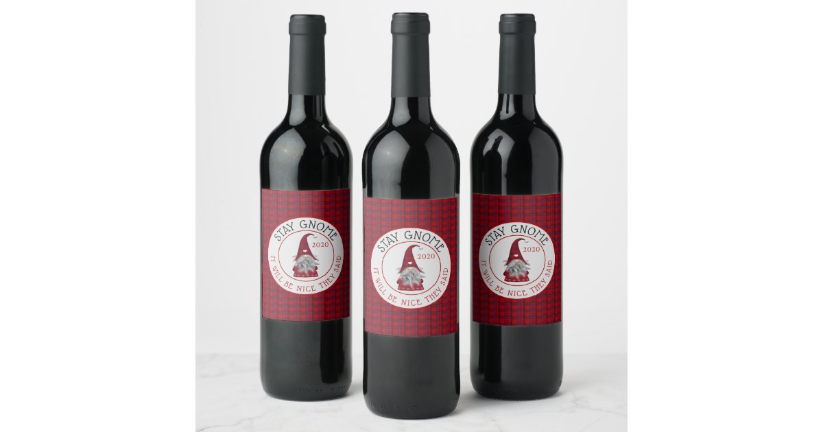 Funny Christmas Gnome Stay Home 2020 Wine Label | Zazzle.com