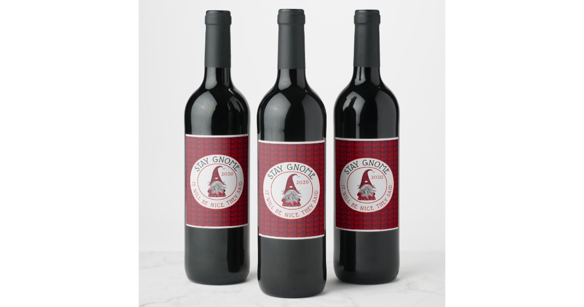 Funny Christmas Gnome Stay Home 2020 Wine Label | Zazzle