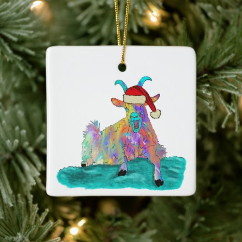 Funny Christmas Goat Colorful screaming Ceramic Ornament