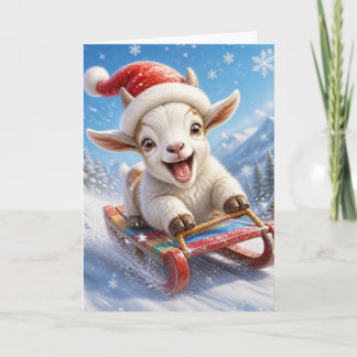 Funny Christmas Goat Sledding in the Snow Holiday Card