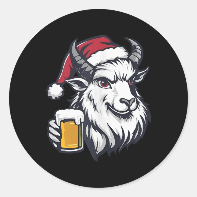 Funny Christmas Goat With Beer Comic  Classic Round Sticker (Front)