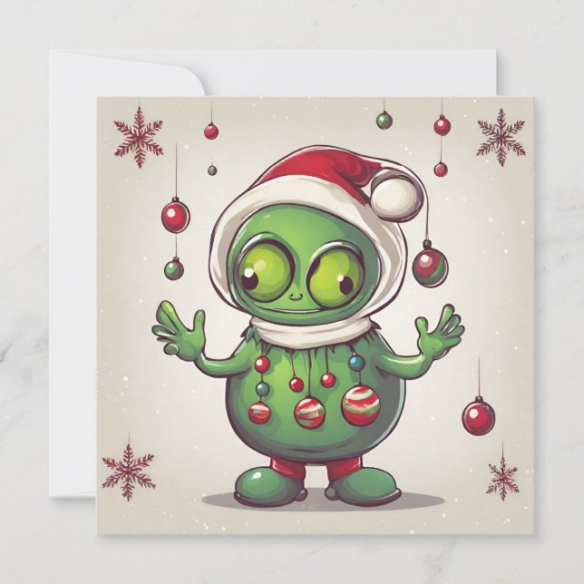 Funny Christmas Green Alien  Holiday Card (Front)