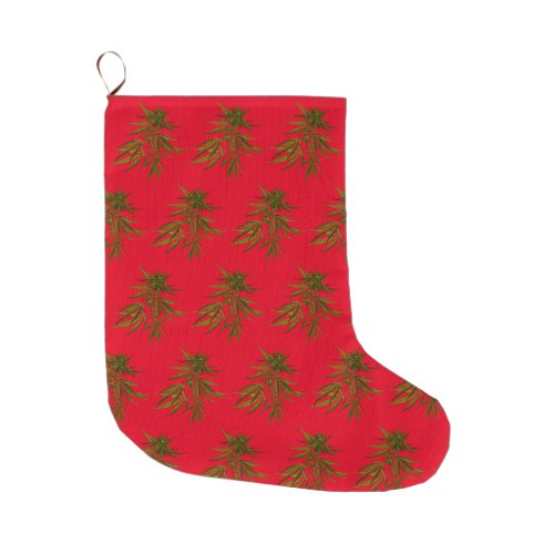 Funny Christmas Green Weed Buds on Red Background Large Christmas Stocking