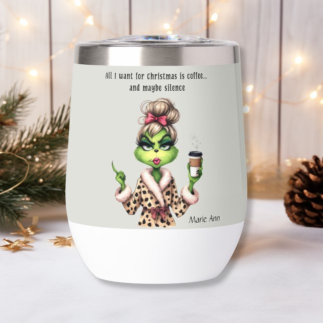 Funny Christmas Grumpy Green Fur Women-Mom Thermal Wine Tumbler (Creator Uploaded)