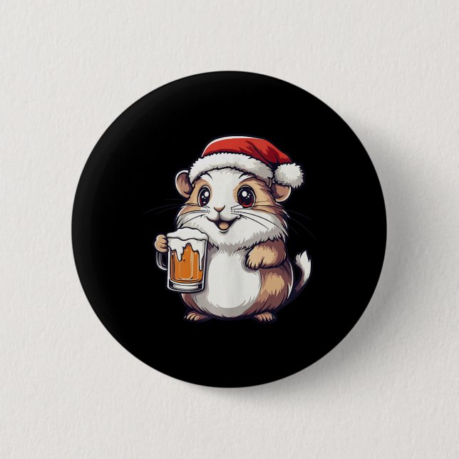 Funny Christmas Hamster With Beer Comic  Button (Front)