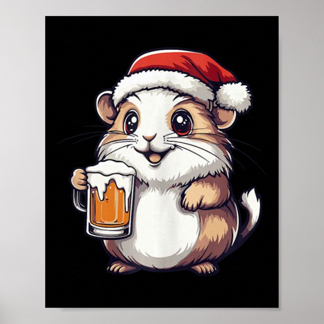 Funny Christmas Hamster With Beer Comic  Poster (Front)