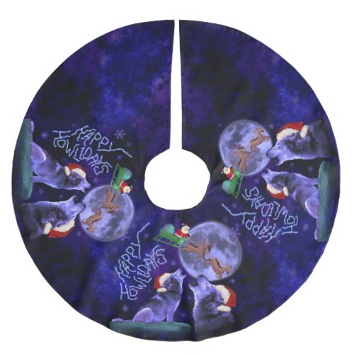 Funny Christmas Happy Howlidays Wolf Pun Kitschy Brushed Polyester Tree Skirt