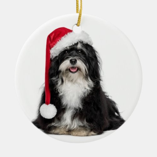 Funny Christmas Havanese Dog With Santa Hat Ceramic Ornament