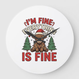 Funny Christmas Highland Cow I’m Fine Everything I Large Clock
