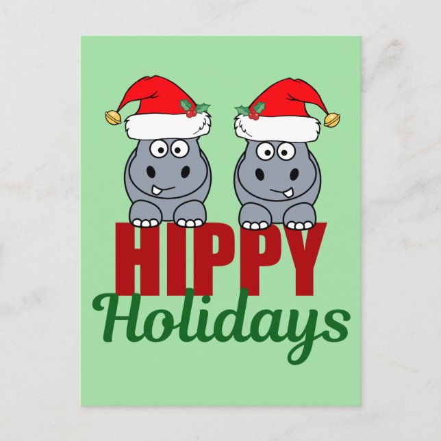 Funny Christmas Hippo Pun Cute Green Holiday Postcard (Front)