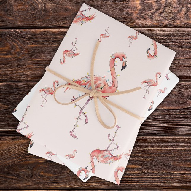 Funny Christmas Holiday Flamingo Lights White Pink Wrapping Paper Sheets (Creator Uploaded)