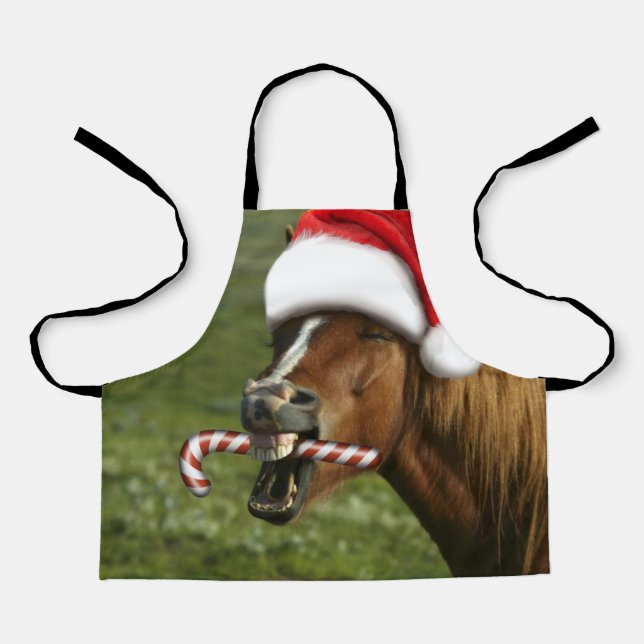 Funny Christmas horse with Santa hat smiling Apron (Front)