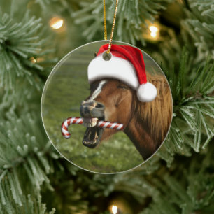 Funny Christmas horse with Santa hat smiling Ceramic Ornament