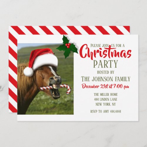 Funny Christmas horse with Santa hat smiling       Invitation