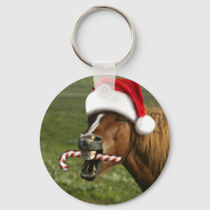Funny Christmas horse with Santa hat smiling Keychain
