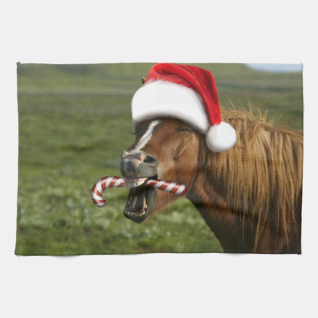 Funny Christmas horse with Santa hat smiling Kitchen Towel (Horizontal)