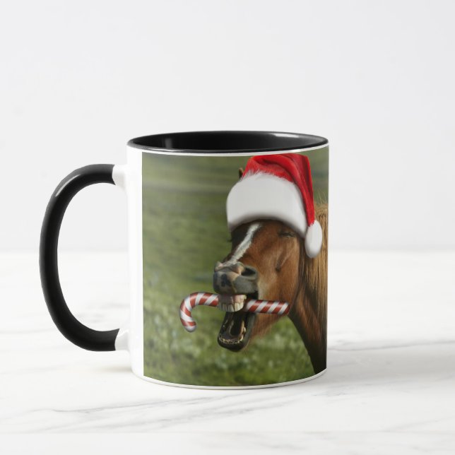 Funny Christmas horse with Santa hat smiling Mug (Left)