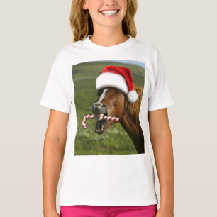 Funny Christmas horse with Santa hat smiling T-Shirt