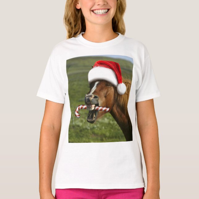 Funny Christmas horse with Santa hat smiling T-Shirt (Front)