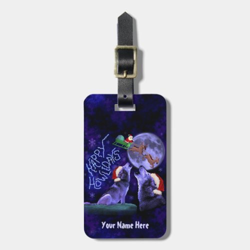 Funny Christmas Howlidays Wolf Pun Custom Name Luggage Tag