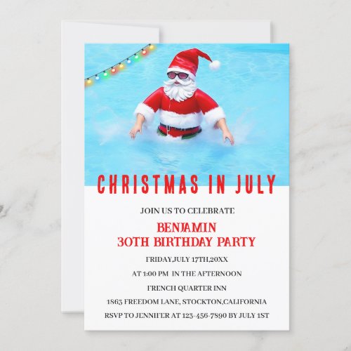 Funny Christmas In July Birthday Pool Party  Invitation