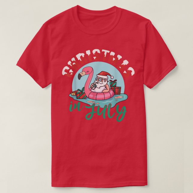 Funny Christmas In July Santa Holiday Flamingo Sum T-Shirt (Design Front)