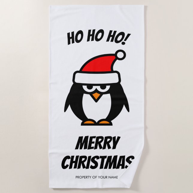Funny Christmas in July santa penguin cartoon Beach Towel (Front)