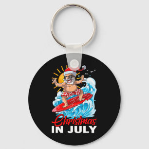 Funny Christmas In July Santa Surfing Summer Beach Keychain