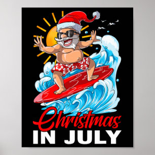 Funny Christmas In July Santa Surfing Summer Beach Poster