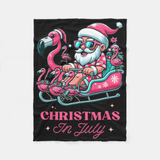 Funny Christmas In July Summer Santa Flamingo Slei Fleece Blanket
