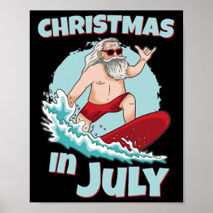 Funny Christmas In July Summer Santa Surfing Surfb Poster