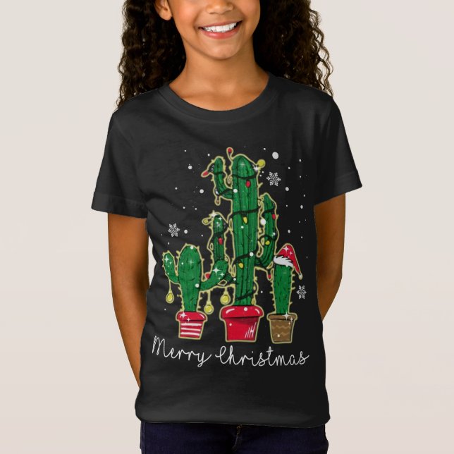 Funny Christmas Lights Cactus Santa Hat Cactus Lov T-Shirt (Front)
