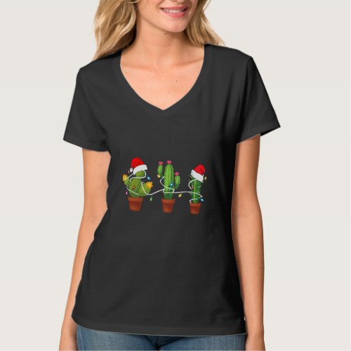Funny Christmas Lights Cactus Santa Hat Cactus Lov T_Shirt