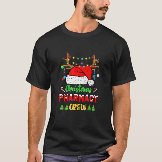 Funny Christmas Lights Pharmacy Crew Reindeer Sant T-Shirt (Front)